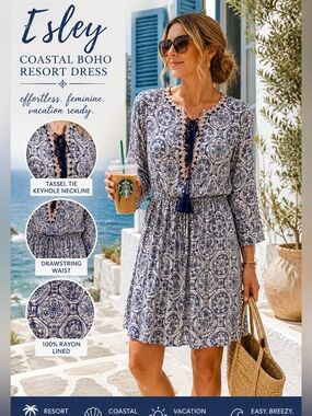 Esley Blue White Mediterranean Tile Print Tassel Boho Resort Dress Lined Size M